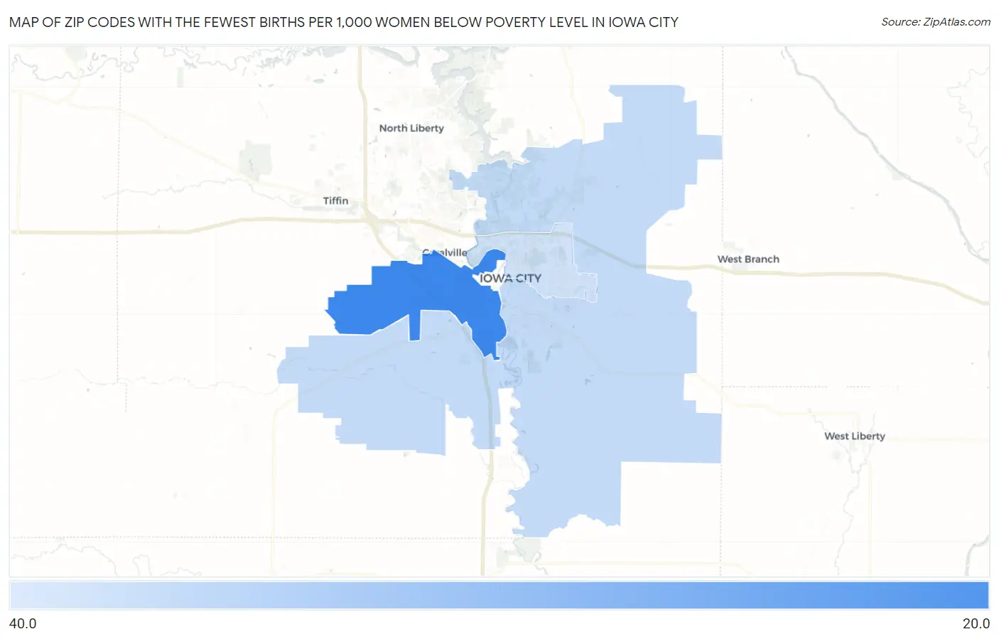Zip Codes with the Fewest Births per 1,000 Women Below Poverty Level in Iowa City Map
