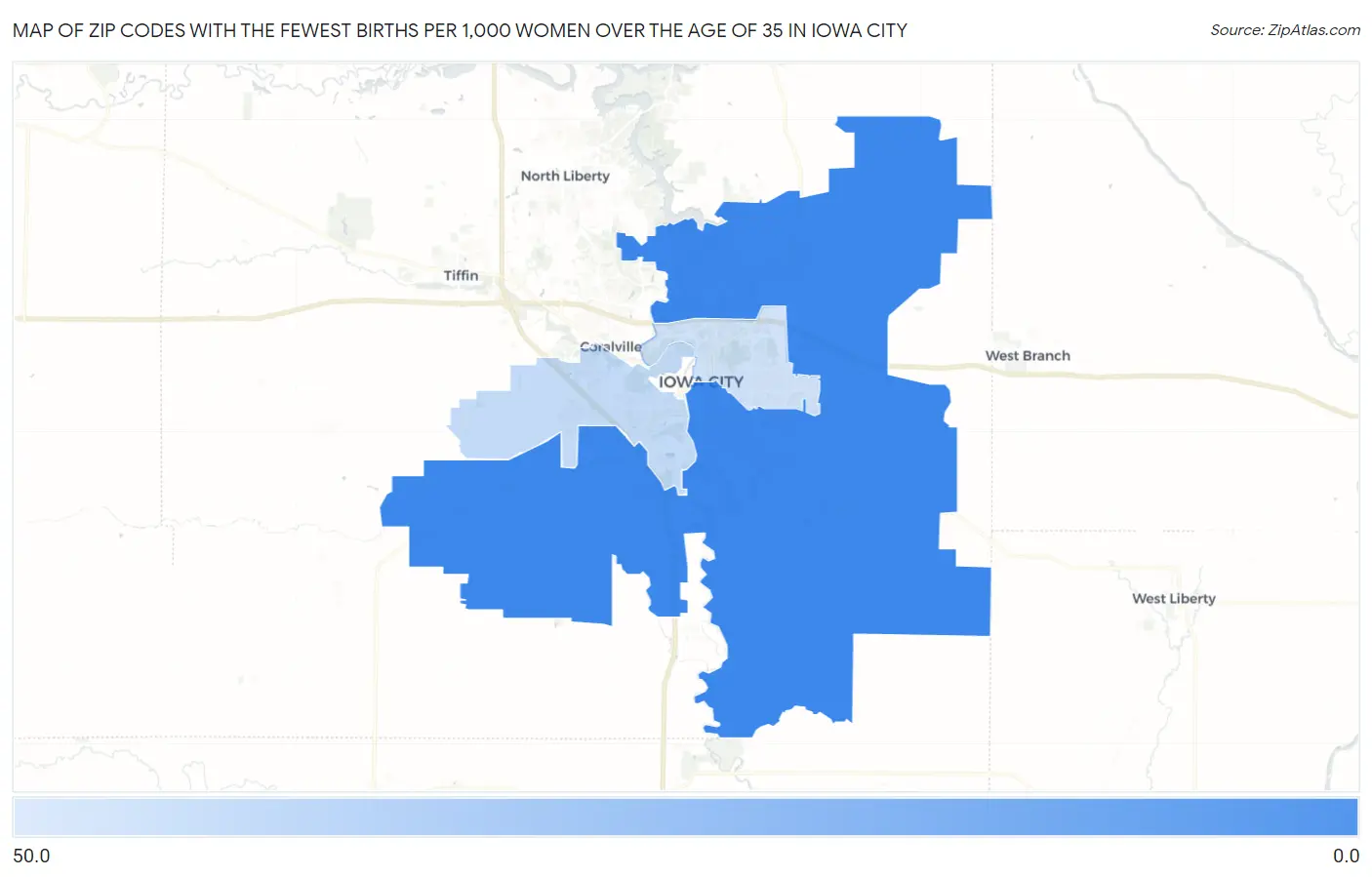 Zip Codes with the Fewest Births per 1,000 Women Over the Age of 35 in Iowa City Map