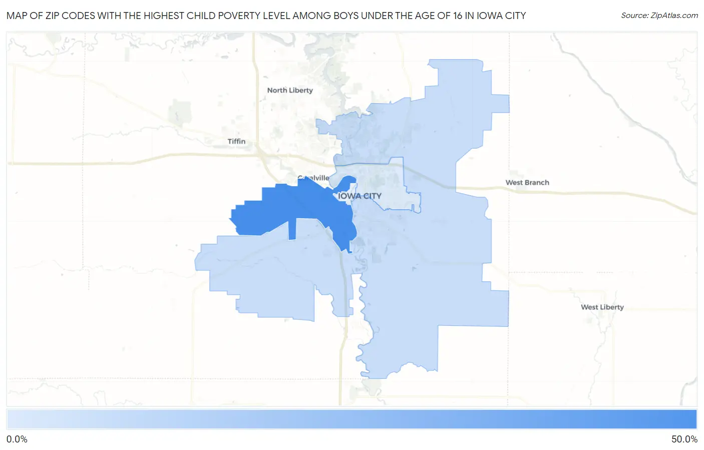 Zip Codes with the Highest Child Poverty Level Among Boys Under the Age of 16 in Iowa City Map