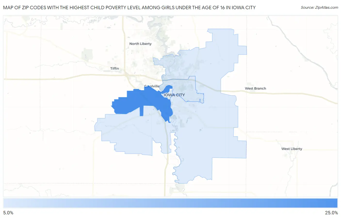 Zip Codes with the Highest Child Poverty Level Among Girls Under the Age of 16 in Iowa City Map