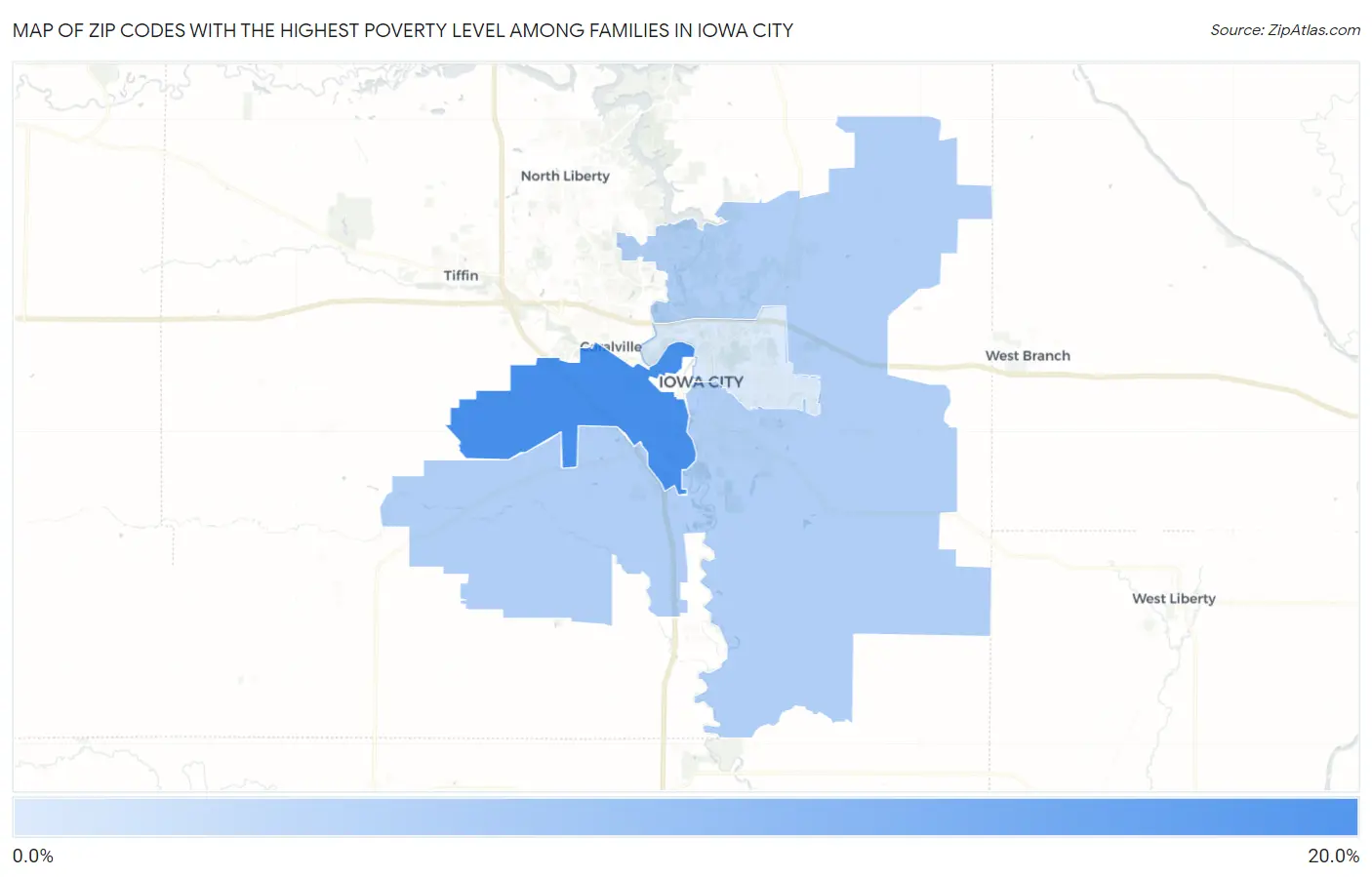 Zip Codes with the Highest Poverty Level Among Families in Iowa City Map