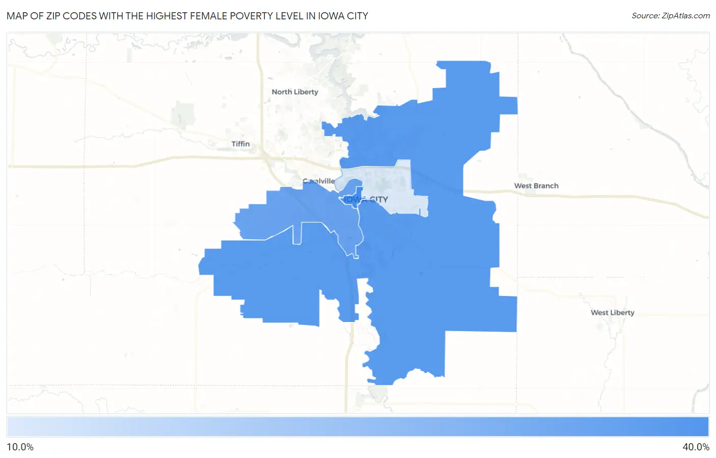 Zip Codes with the Highest Female Poverty Level in Iowa City Map