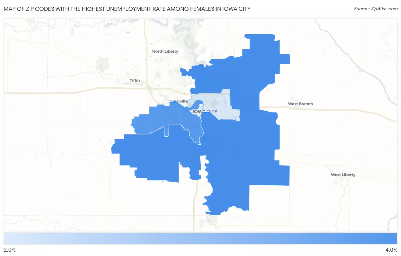 Zip Codes with the Highest Unemployment Rate Among Females in Iowa City Map