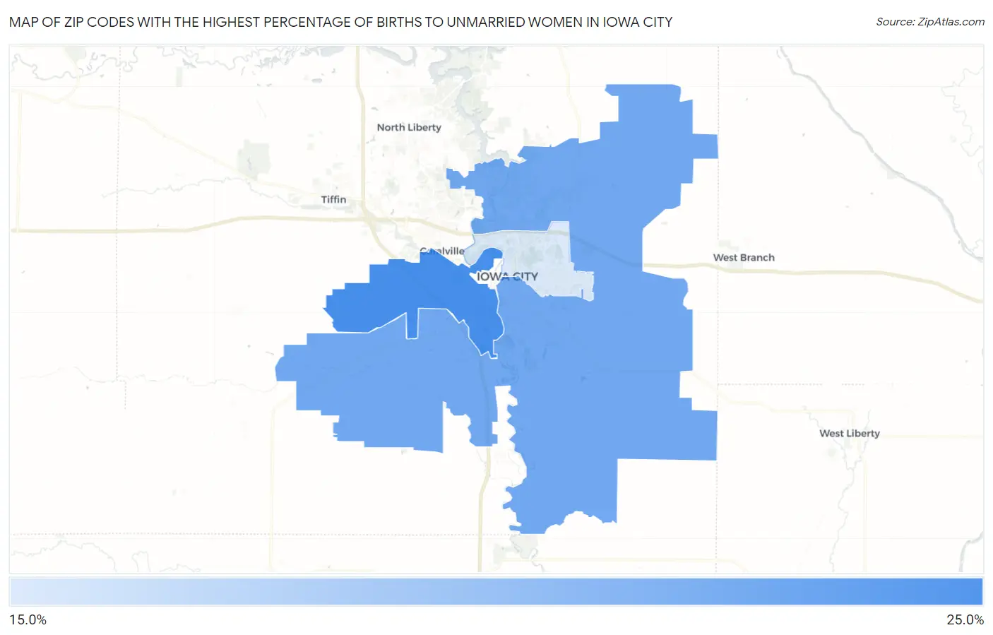 Zip Codes with the Highest Percentage of Births to Unmarried Women in Iowa City Map
