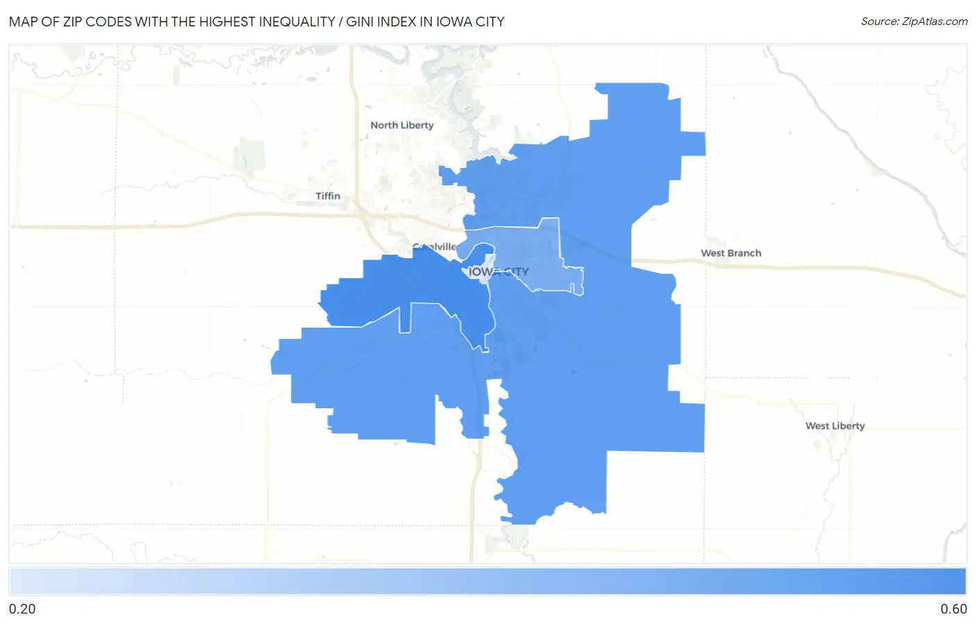 Zip Codes with the Highest Inequality / Gini Index in Iowa City Map