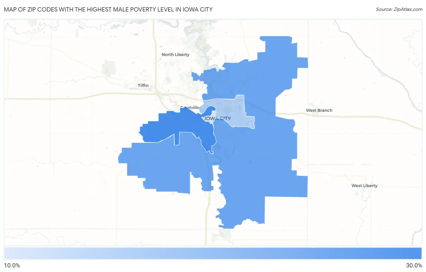 Zip Codes with the Highest Male Poverty Level in Iowa City Map