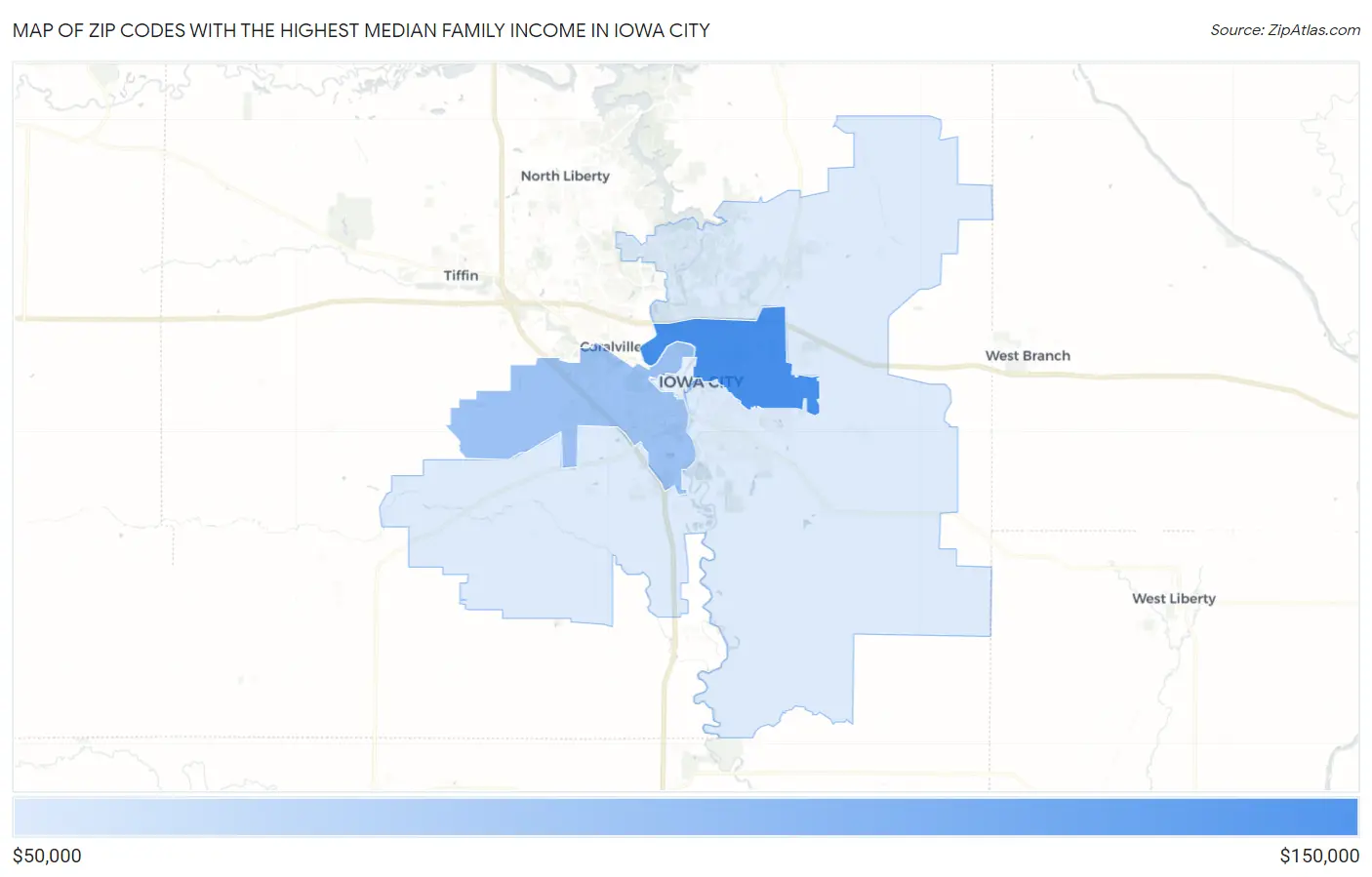 Zip Codes with the Highest Median Family Income in Iowa City Map