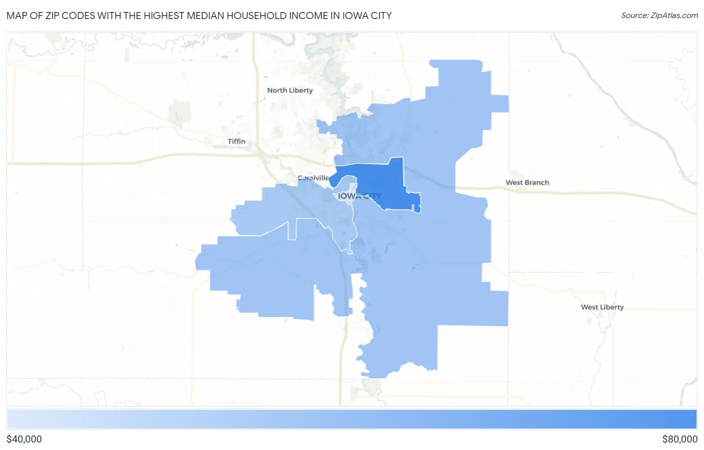Zip Codes with the Highest Median Household Income in Iowa City Map