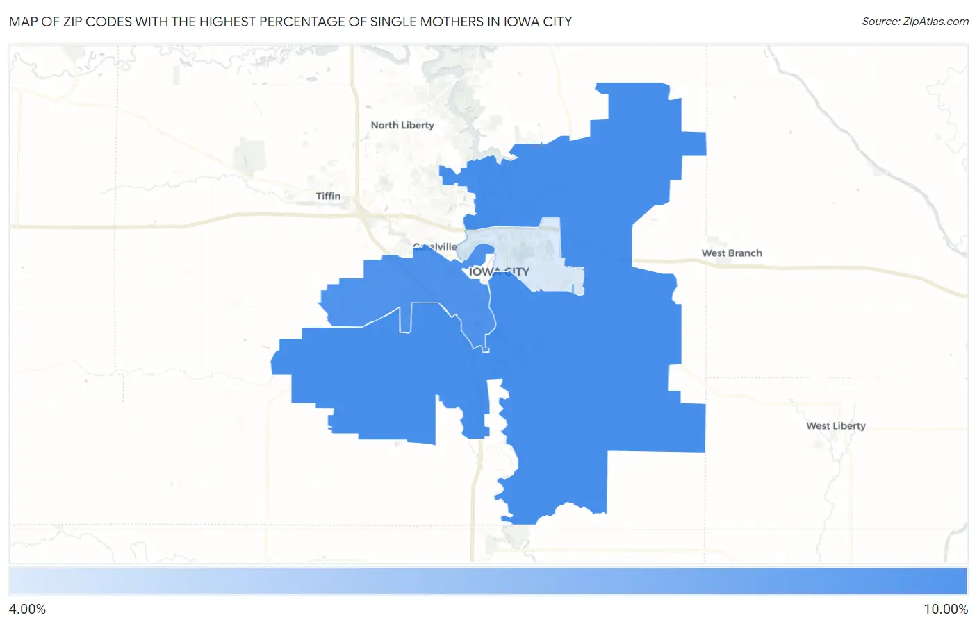 Zip Codes with the Highest Percentage of Single Mothers in Iowa City Map