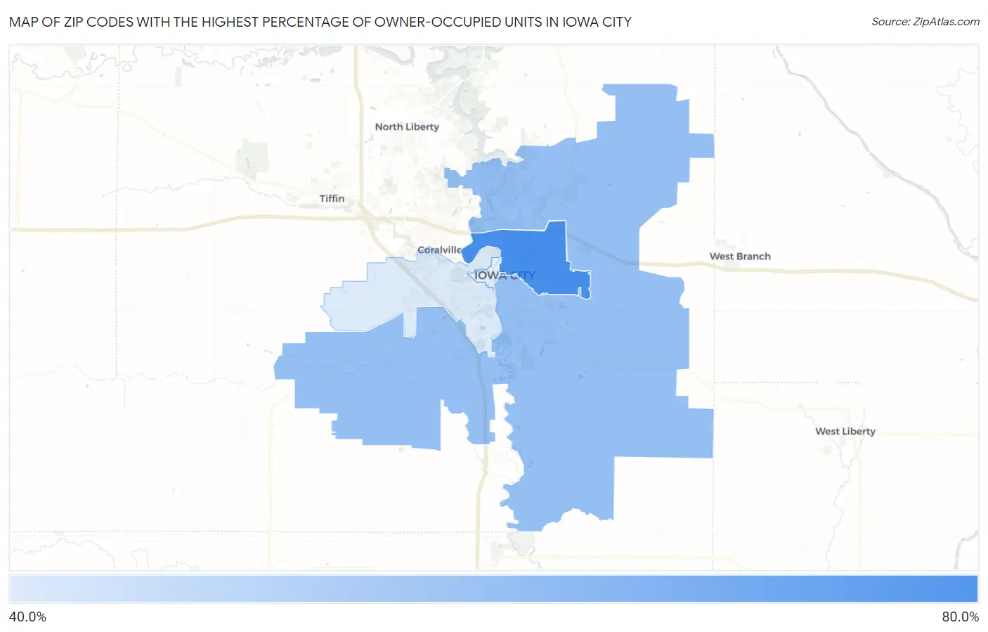 Zip Codes with the Highest Percentage of Owner-Occupied Units in Iowa City Map