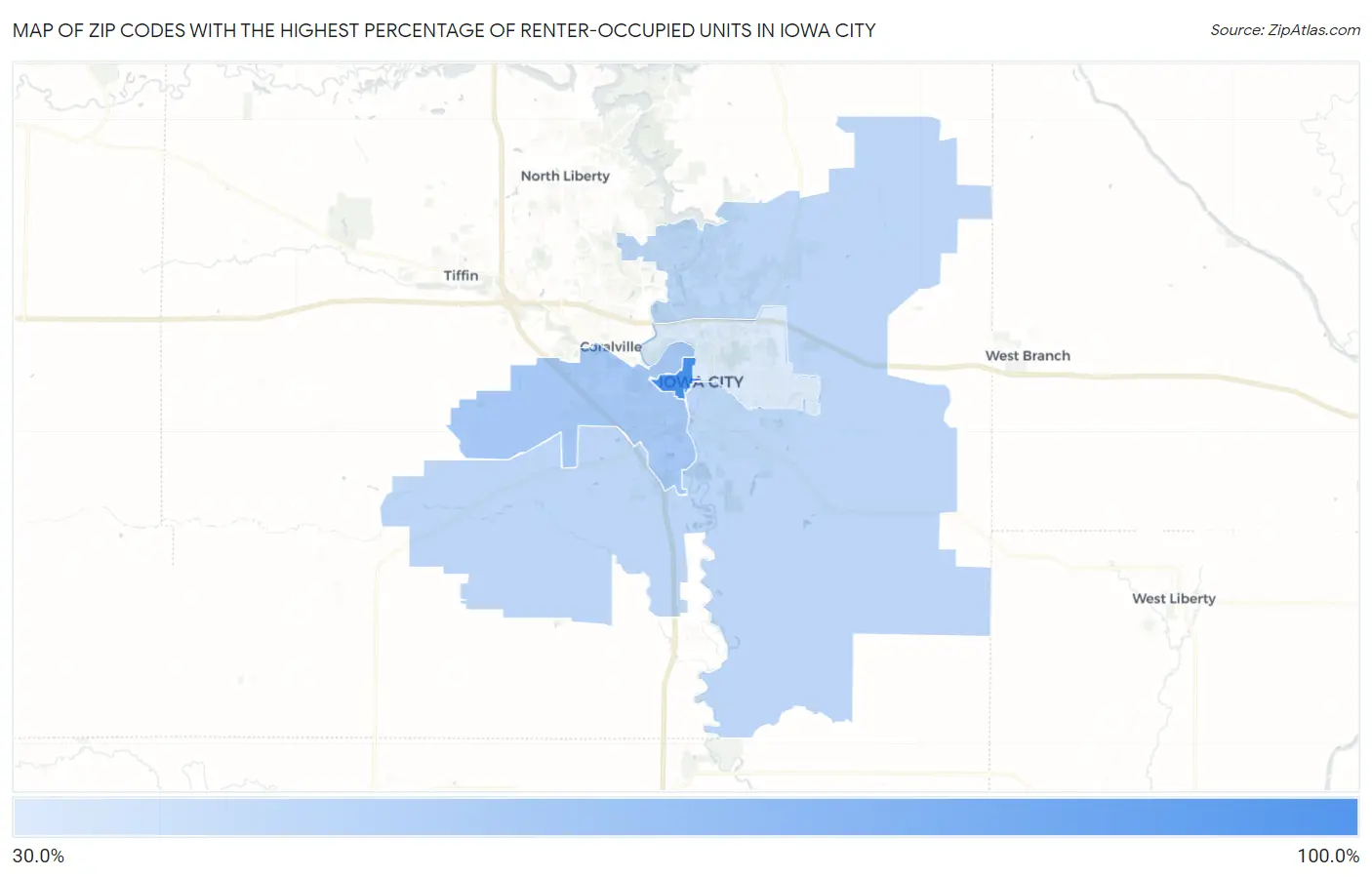 Zip Codes with the Highest Percentage of Renter-Occupied Units in Iowa City Map