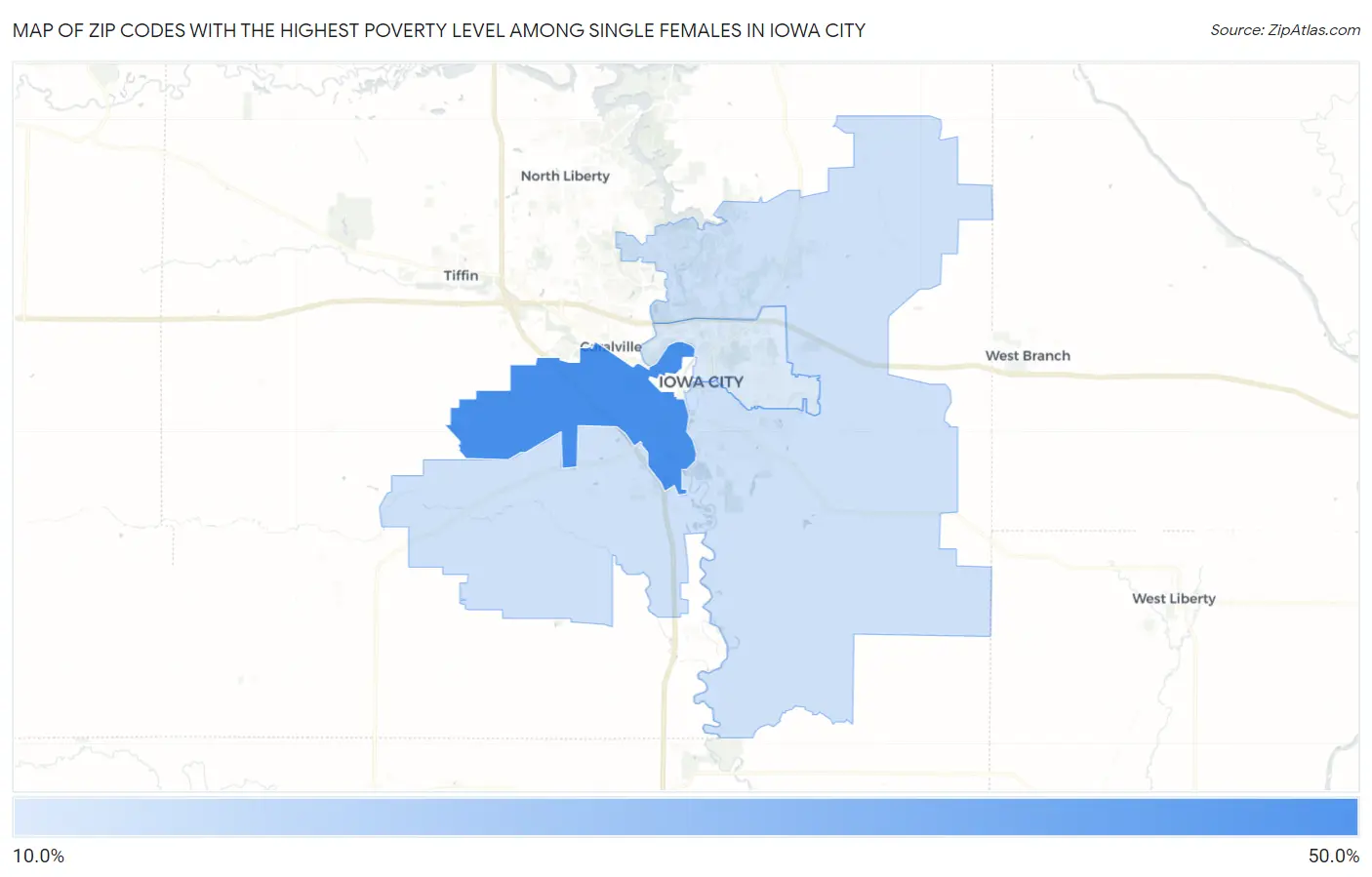 Zip Codes with the Highest Poverty Level Among Single Females in Iowa City Map