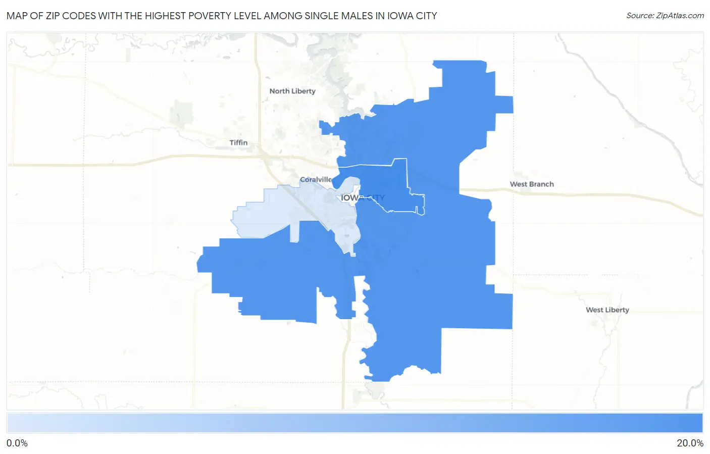 Zip Codes with the Highest Poverty Level Among Single Males in Iowa City Map