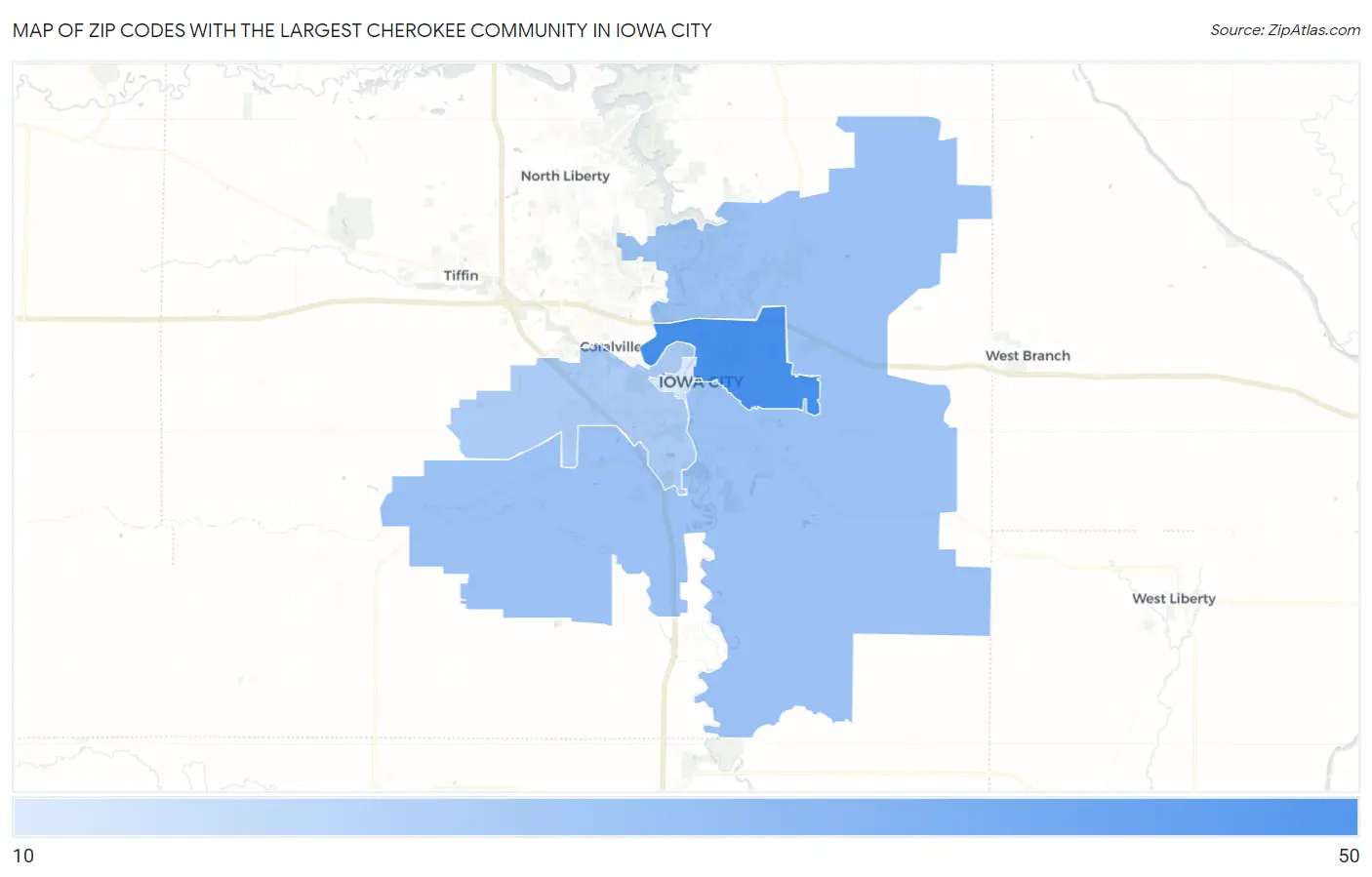 Zip Codes with the Largest Cherokee Community in Iowa City Map