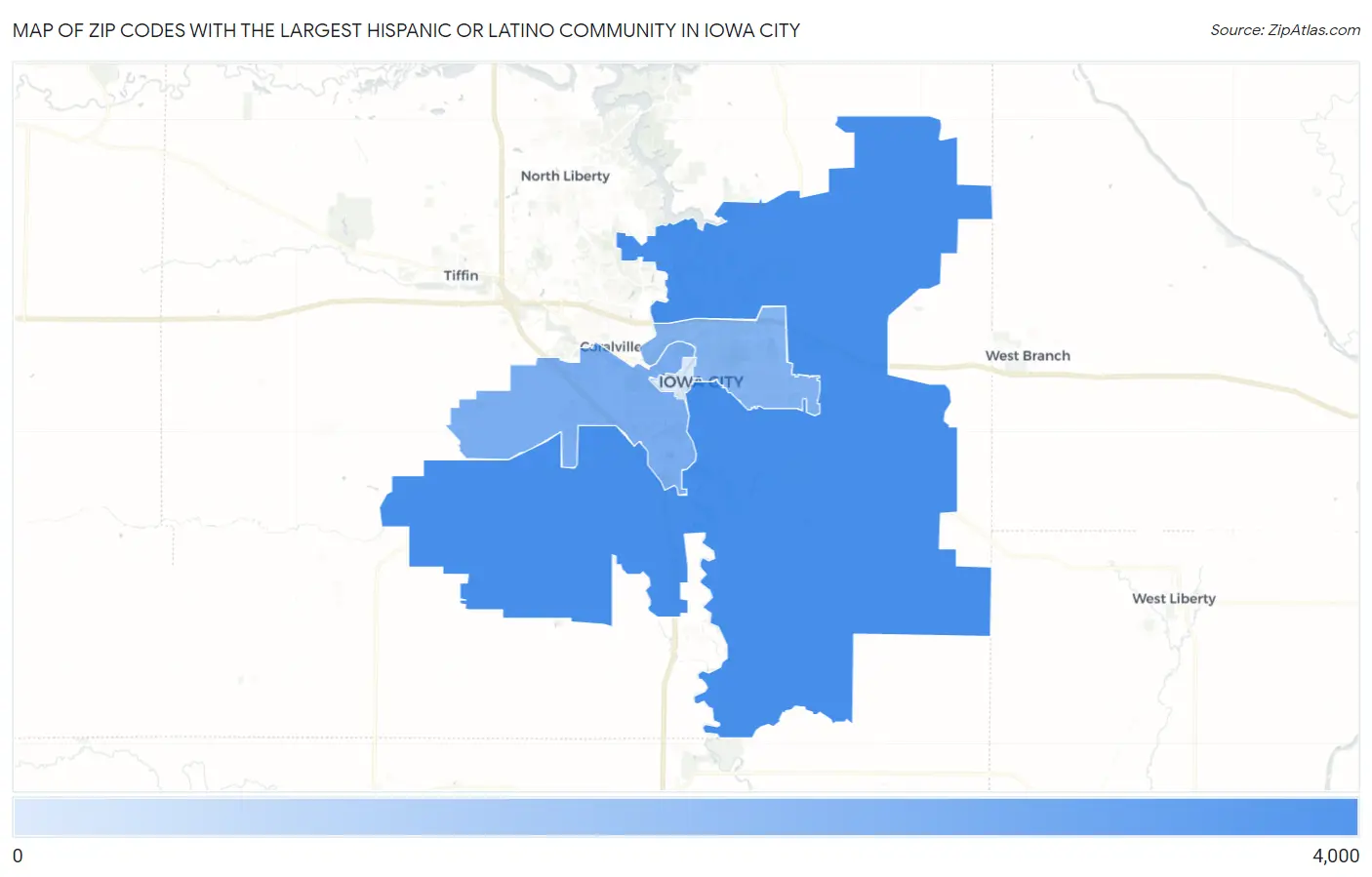 Zip Codes with the Largest Hispanic or Latino Community in Iowa City Map