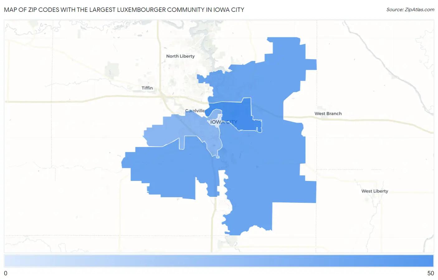 Zip Codes with the Largest Luxembourger Community in Iowa City Map