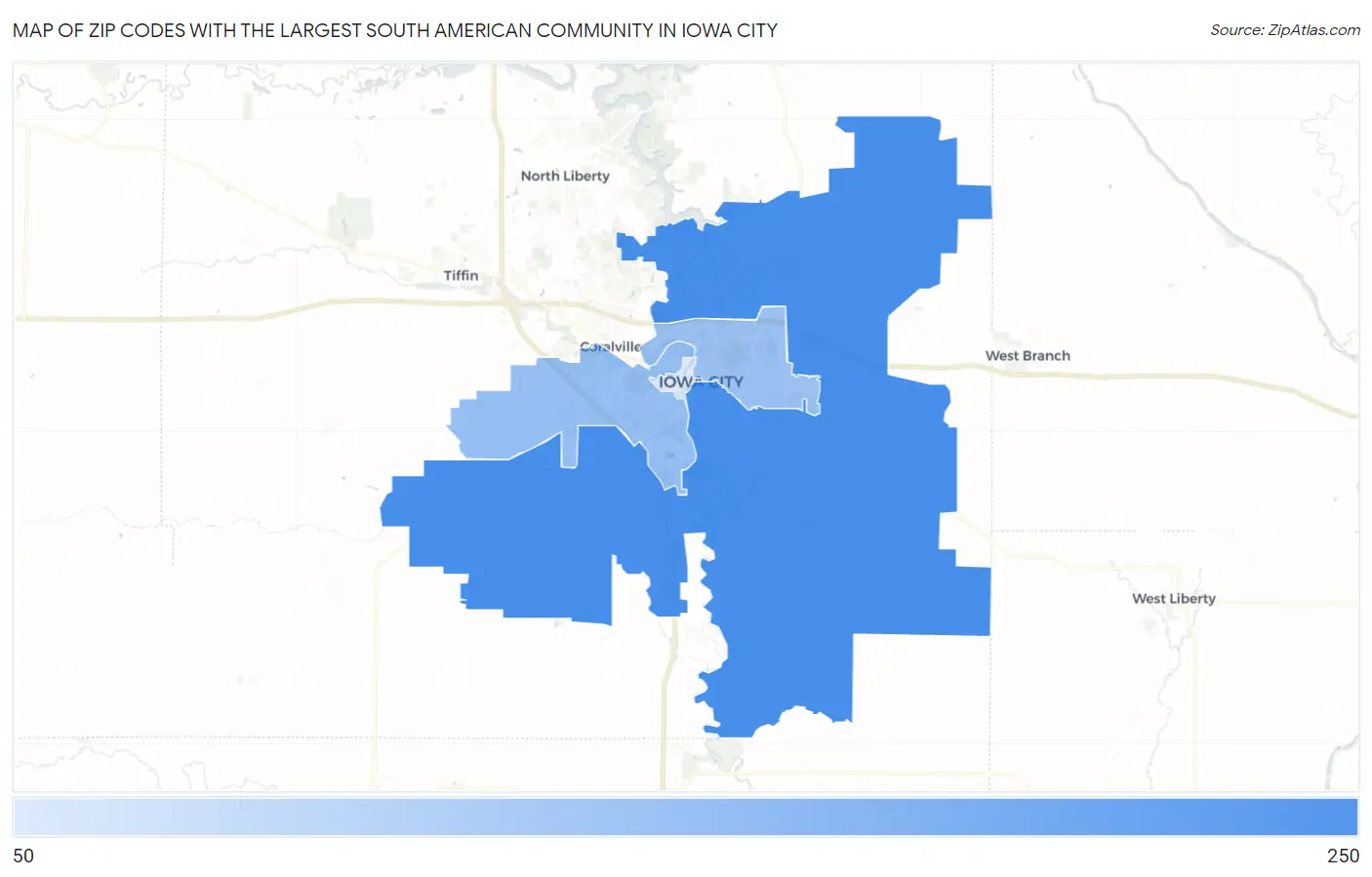 Zip Codes with the Largest South American Community in Iowa City Map