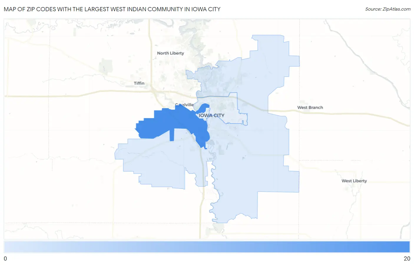 Zip Codes with the Largest West Indian Community in Iowa City Map