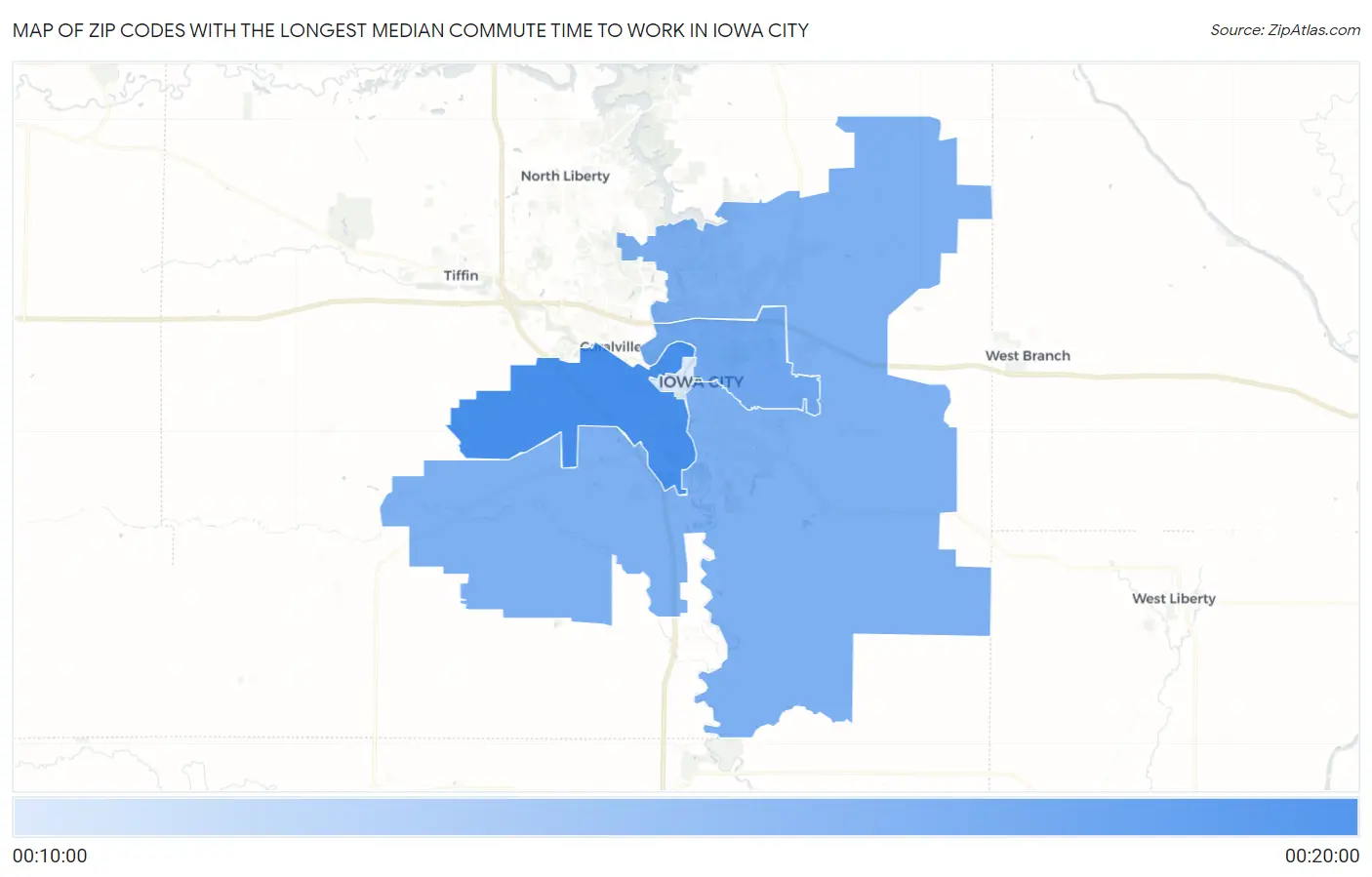 Zip Codes with the Longest Median Commute Time to Work in Iowa City Map