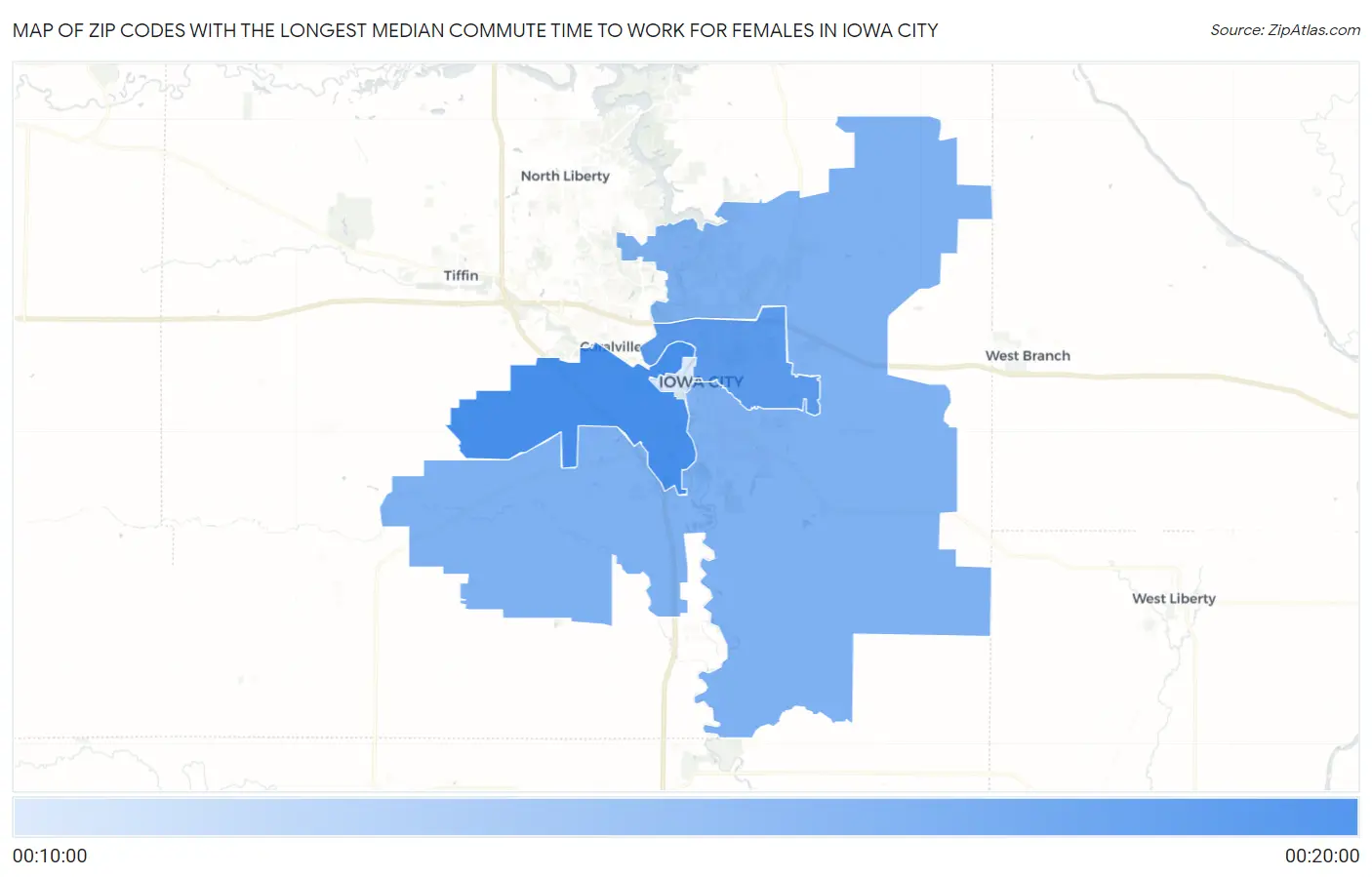 Zip Codes with the Longest Median Commute Time to Work for Females in Iowa City Map