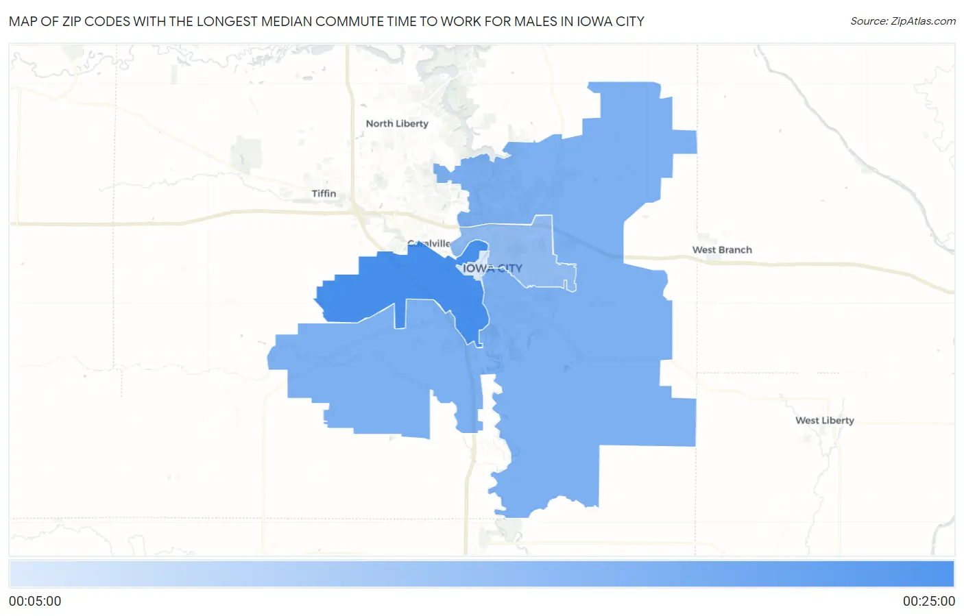 Zip Codes with the Longest Median Commute Time to Work for Males in Iowa City Map