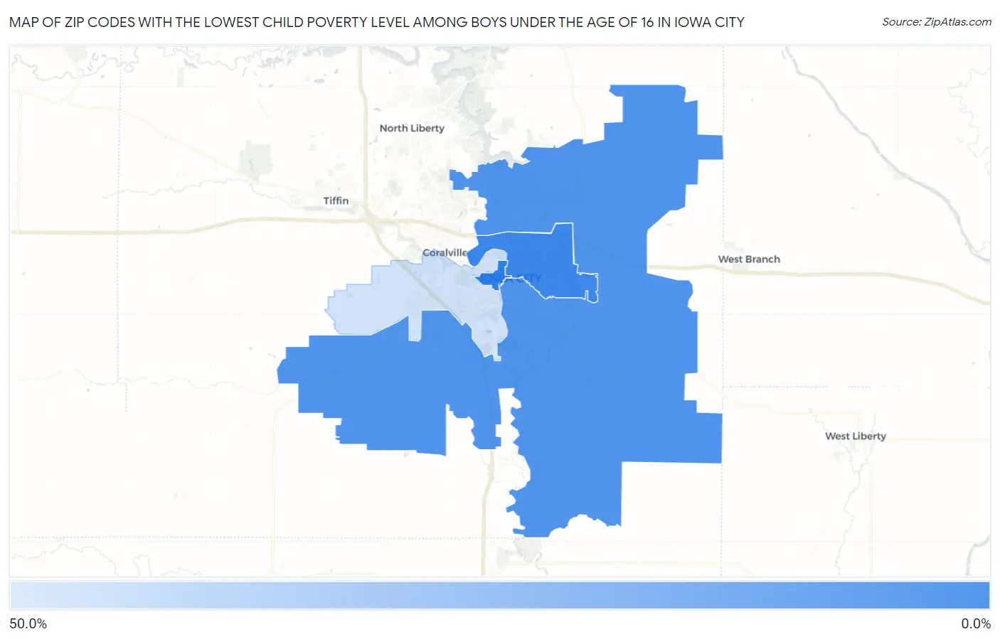 Zip Codes with the Lowest Child Poverty Level Among Boys Under the Age of 16 in Iowa City Map