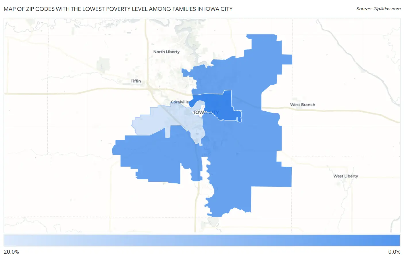 Zip Codes with the Lowest Poverty Level Among Families in Iowa City Map
