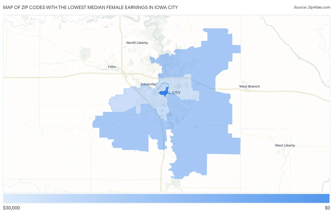 Zip Codes with the Lowest Median Female Earnings in Iowa City Map