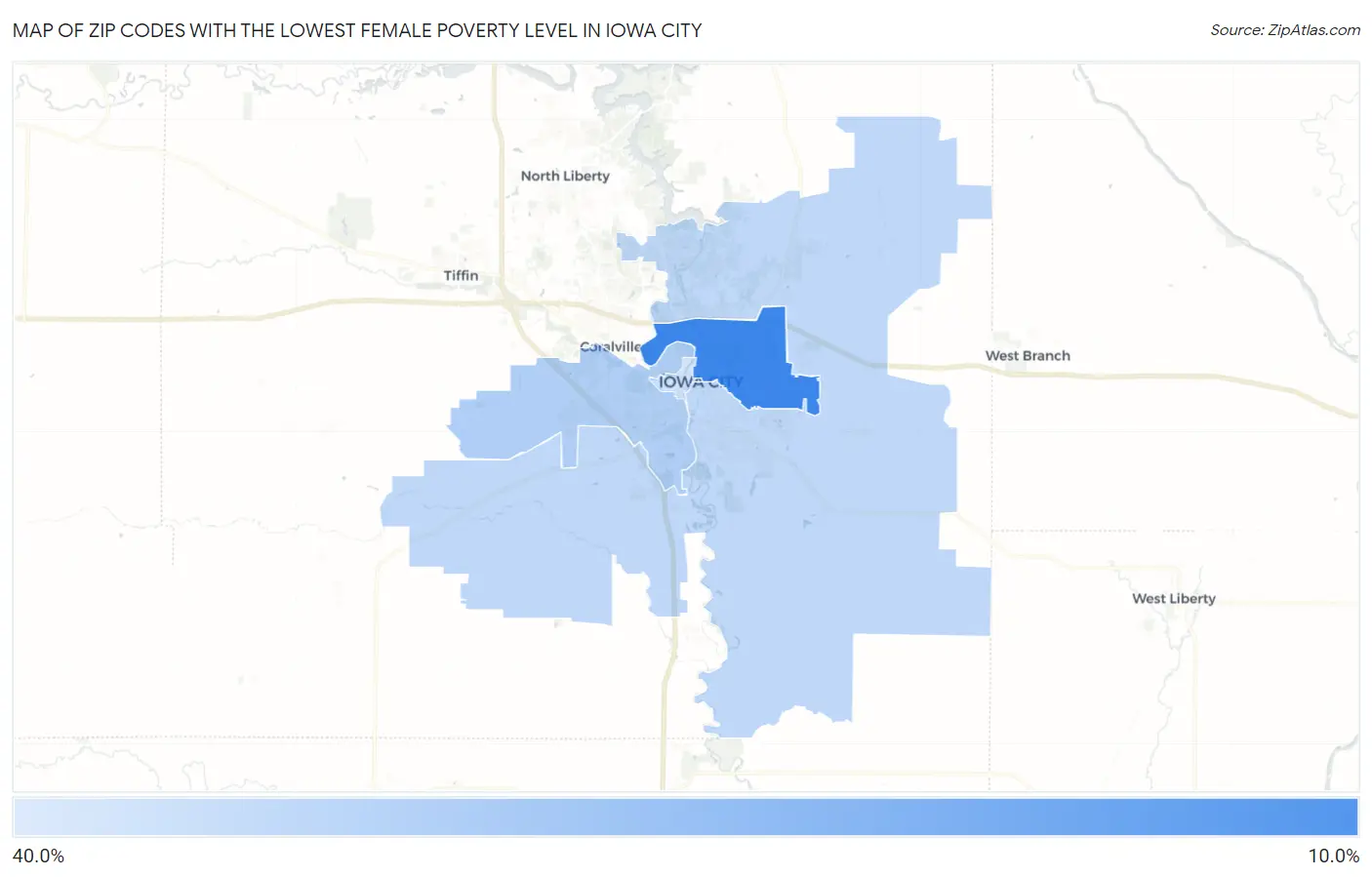 Zip Codes with the Lowest Female Poverty Level in Iowa City Map