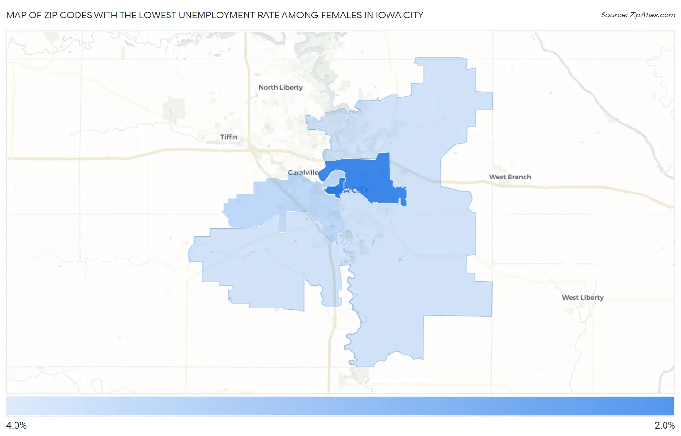 Zip Codes with the Lowest Unemployment Rate Among Females in Iowa City Map