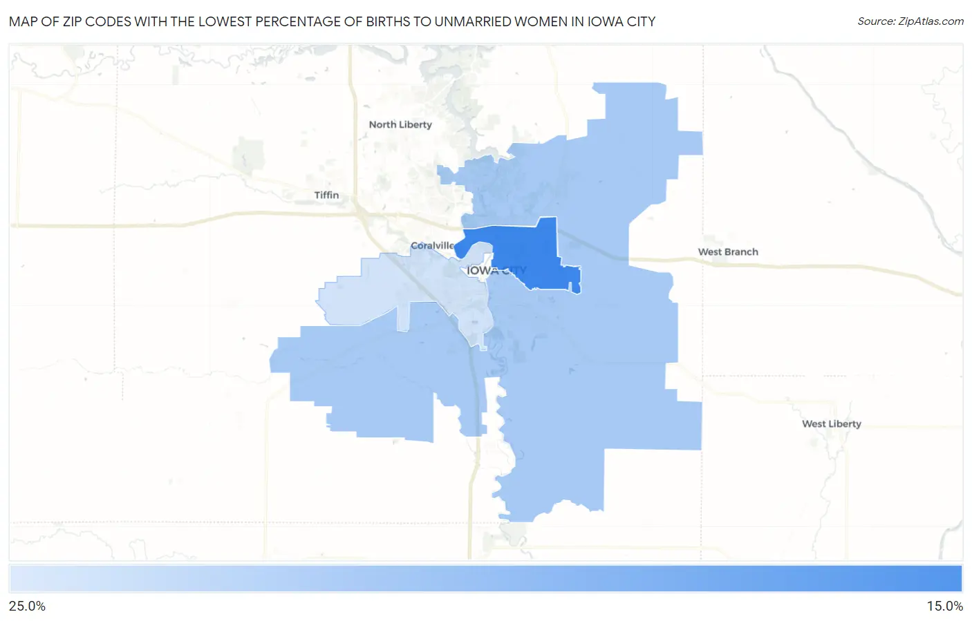 Zip Codes with the Lowest Percentage of Births to Unmarried Women in Iowa City Map