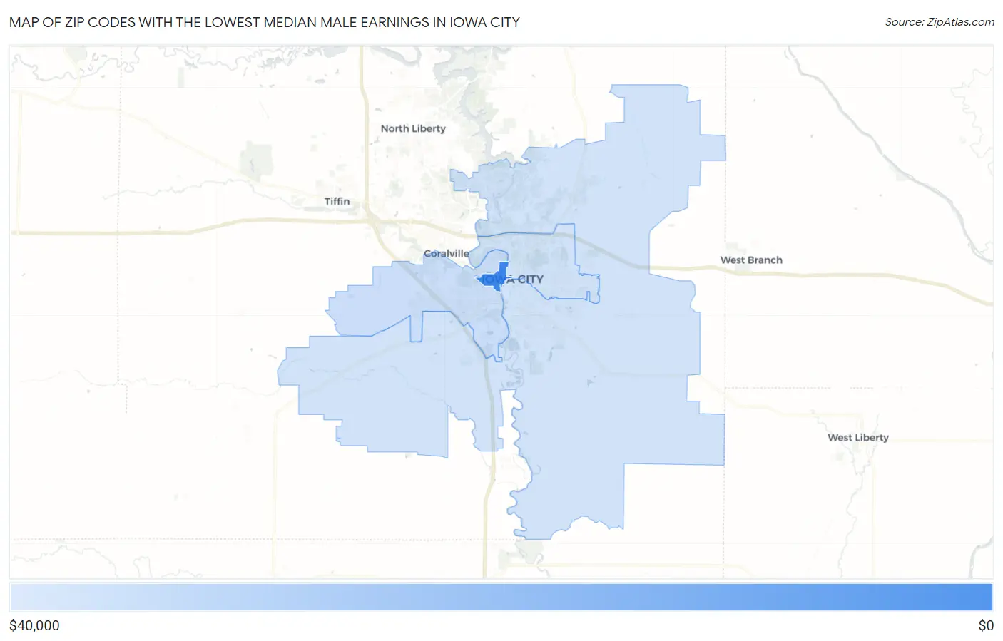 Zip Codes with the Lowest Median Male Earnings in Iowa City Map