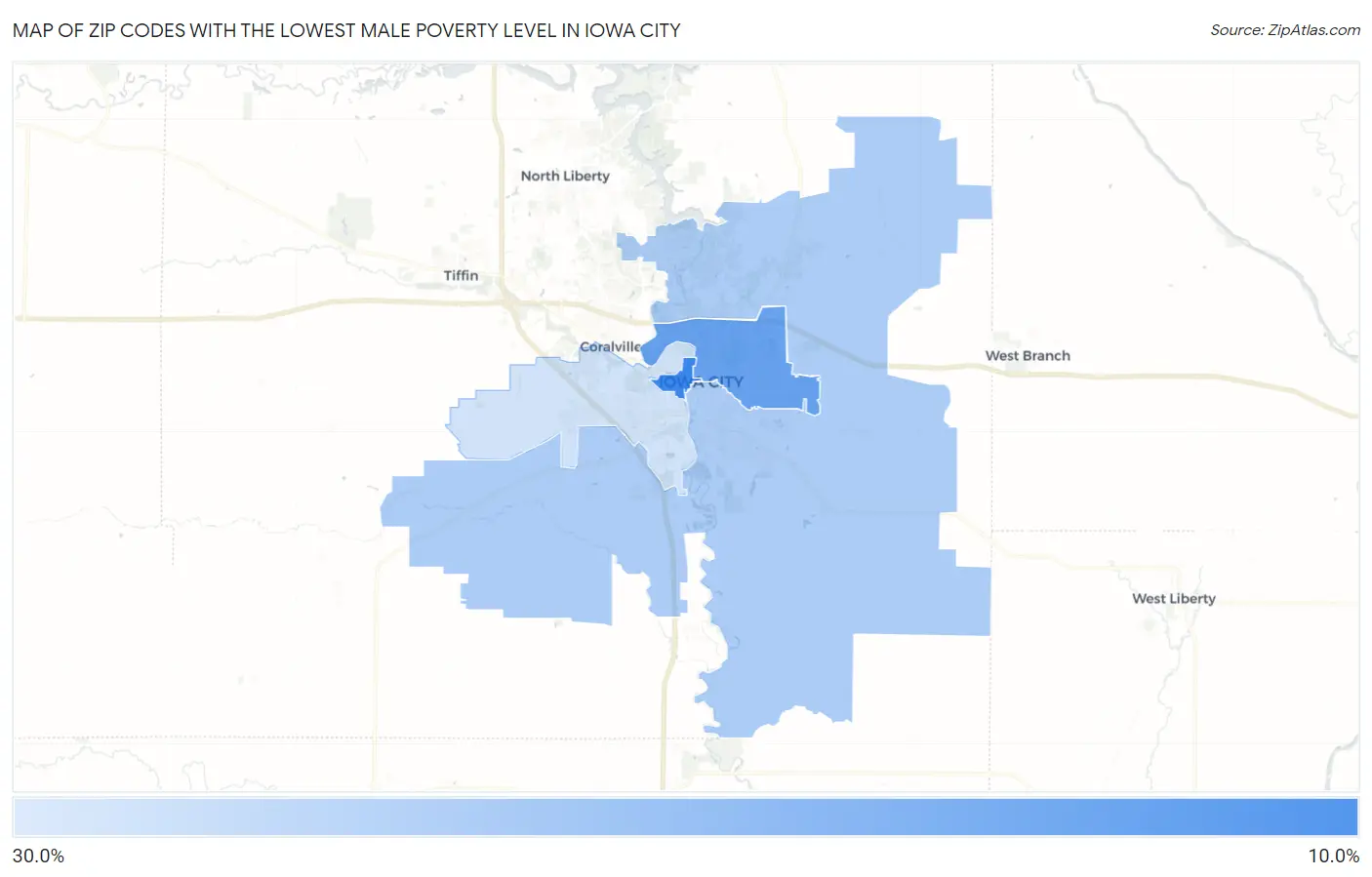 Zip Codes with the Lowest Male Poverty Level in Iowa City Map