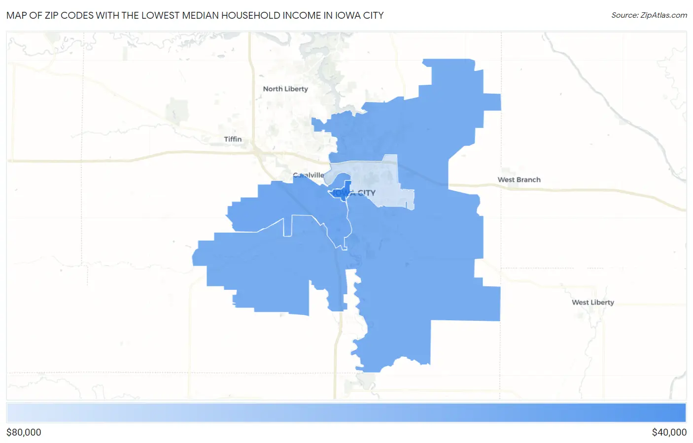 Zip Codes with the Lowest Median Household Income in Iowa City Map