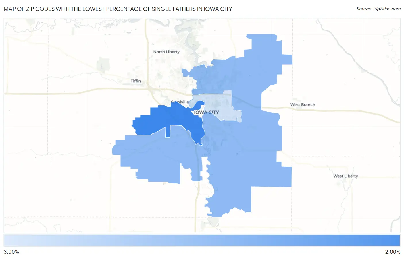Zip Codes with the Lowest Percentage of Single Fathers in Iowa City Map
