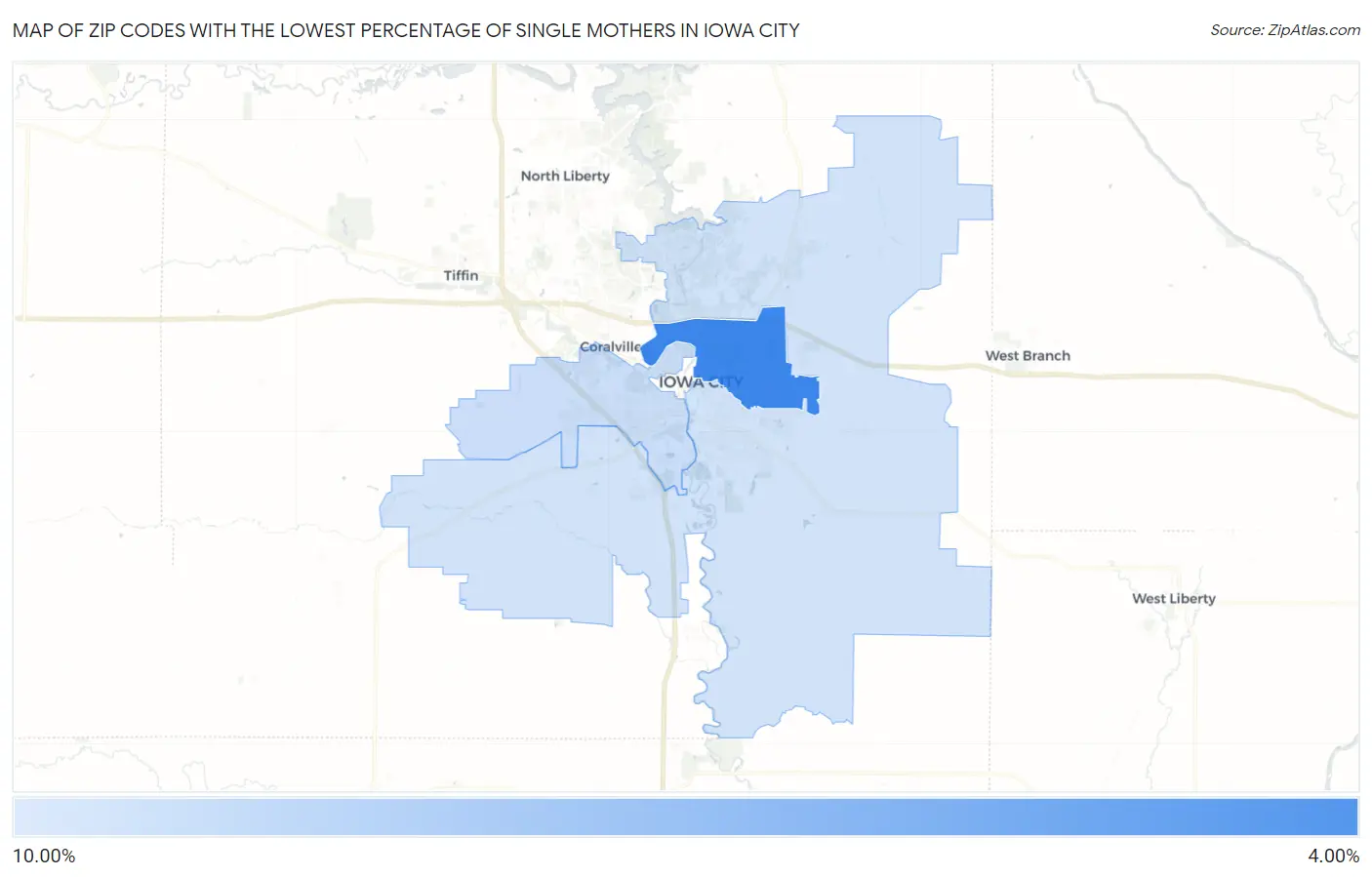 Zip Codes with the Lowest Percentage of Single Mothers in Iowa City Map
