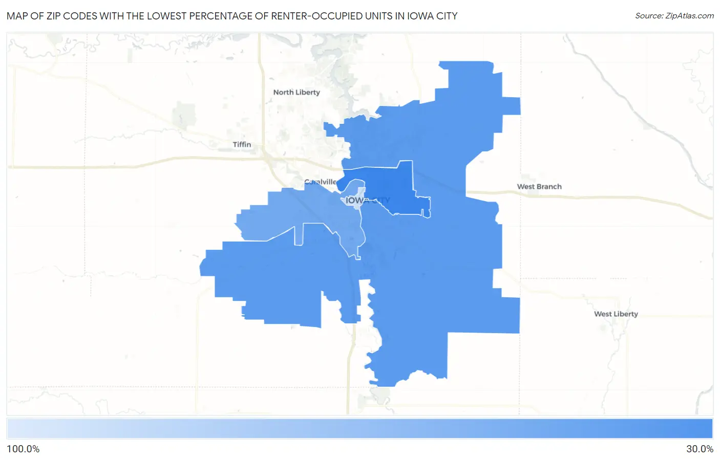 Zip Codes with the Lowest Percentage of Renter-Occupied Units in Iowa City Map