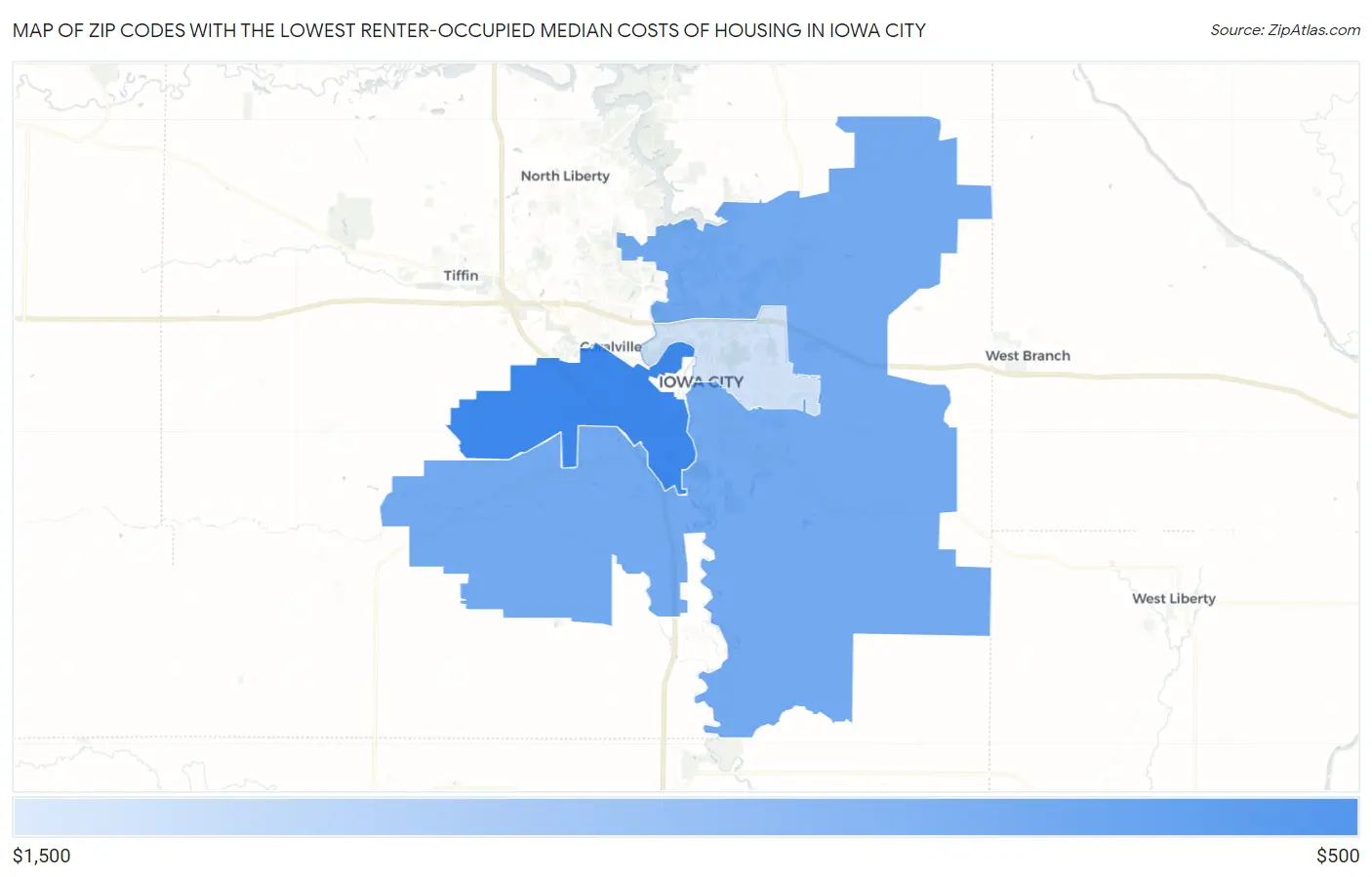 Zip Codes with the Lowest Renter-Occupied Median Costs of Housing in Iowa City Map