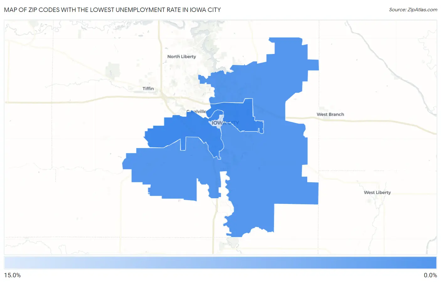 Zip Codes with the Lowest Unemployment Rate in Iowa City Map