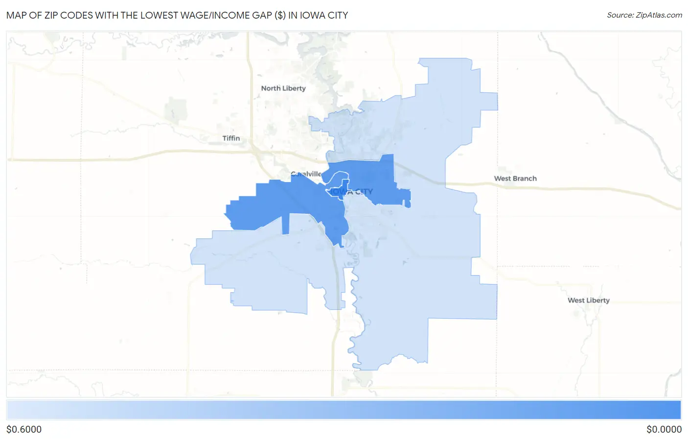 Zip Codes with the Lowest Wage/Income Gap ($) in Iowa City Map