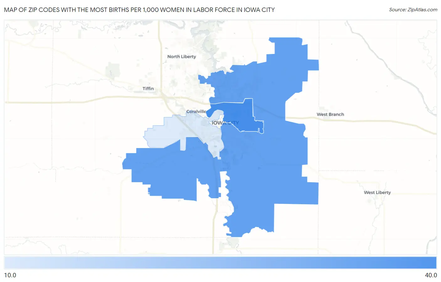 Zip Codes with the Most Births per 1,000 Women in Labor Force in Iowa City Map