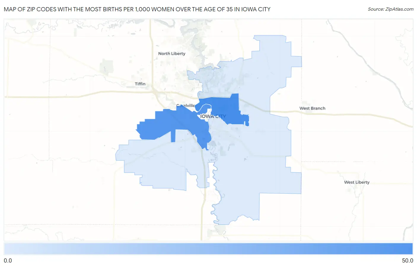 Zip Codes with the Most Births per 1,000 Women Over the Age of 35 in Iowa City Map