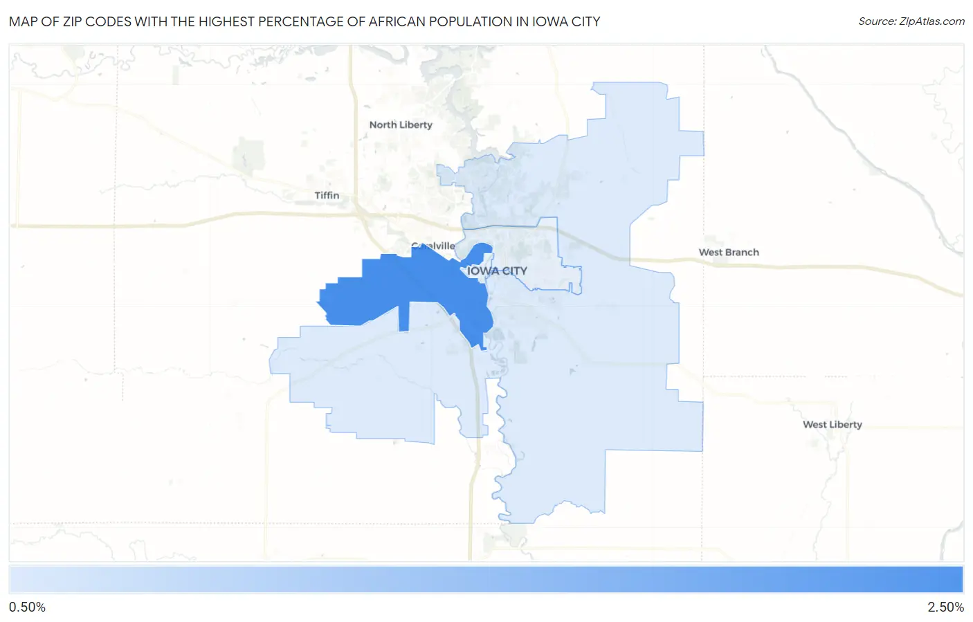 Zip Codes with the Highest Percentage of African Population in Iowa City Map