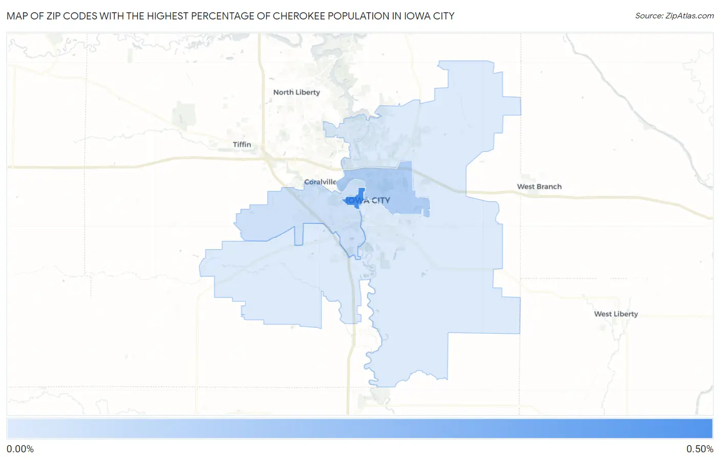 Zip Codes with the Highest Percentage of Cherokee Population in Iowa City Map