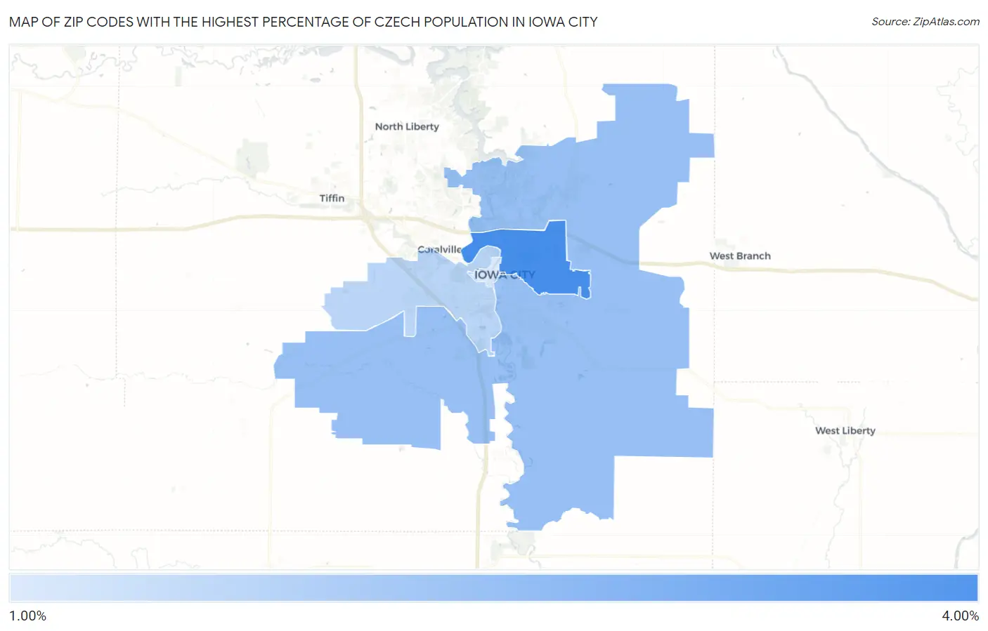 Zip Codes with the Highest Percentage of Czech Population in Iowa City Map