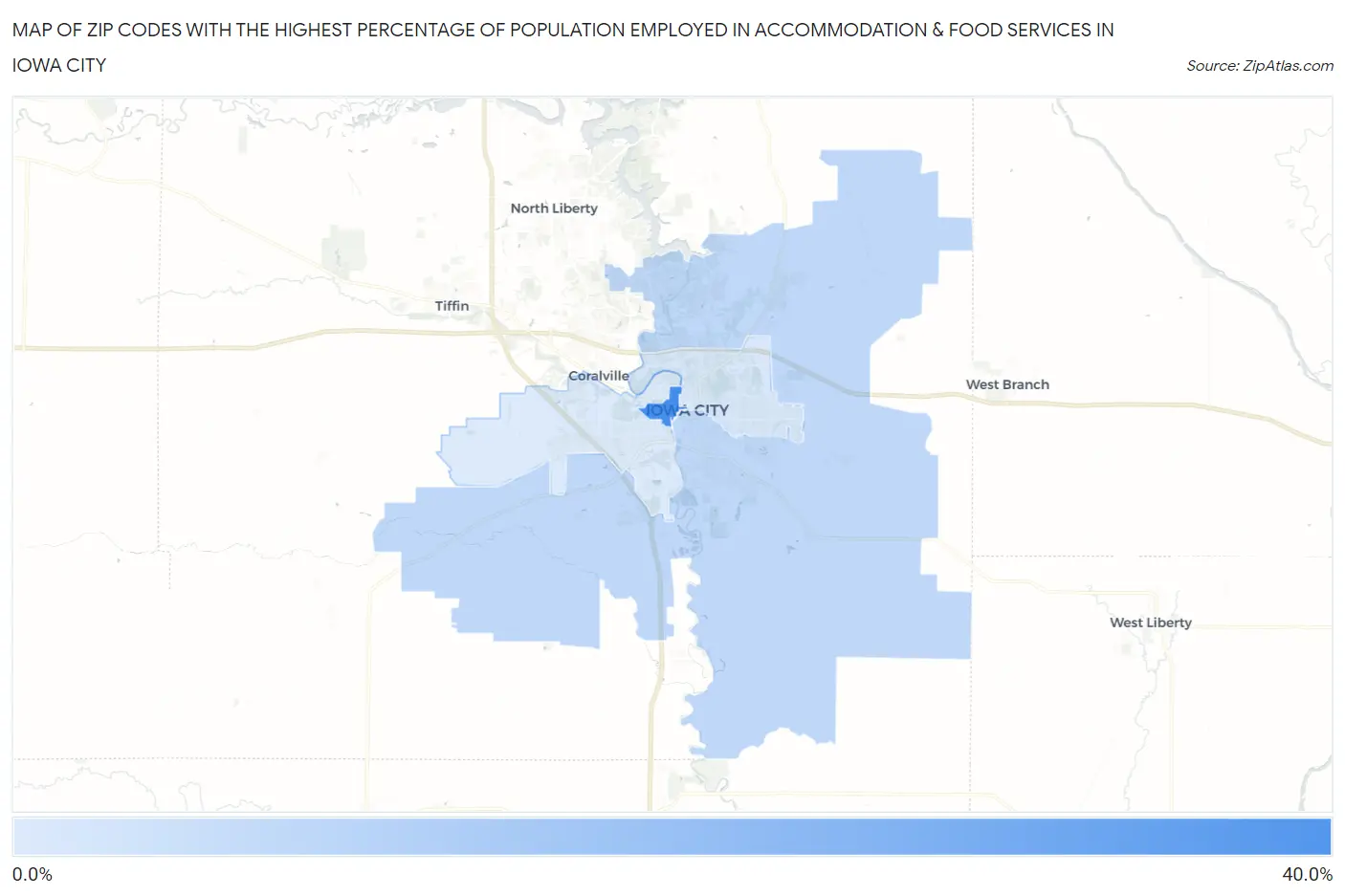 Zip Codes with the Highest Percentage of Population Employed in Accommodation & Food Services in Iowa City Map