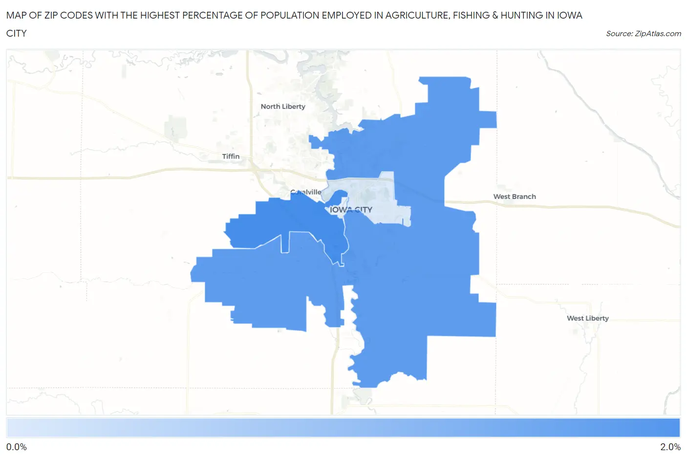 Zip Codes with the Highest Percentage of Population Employed in Agriculture, Fishing & Hunting in Iowa City Map