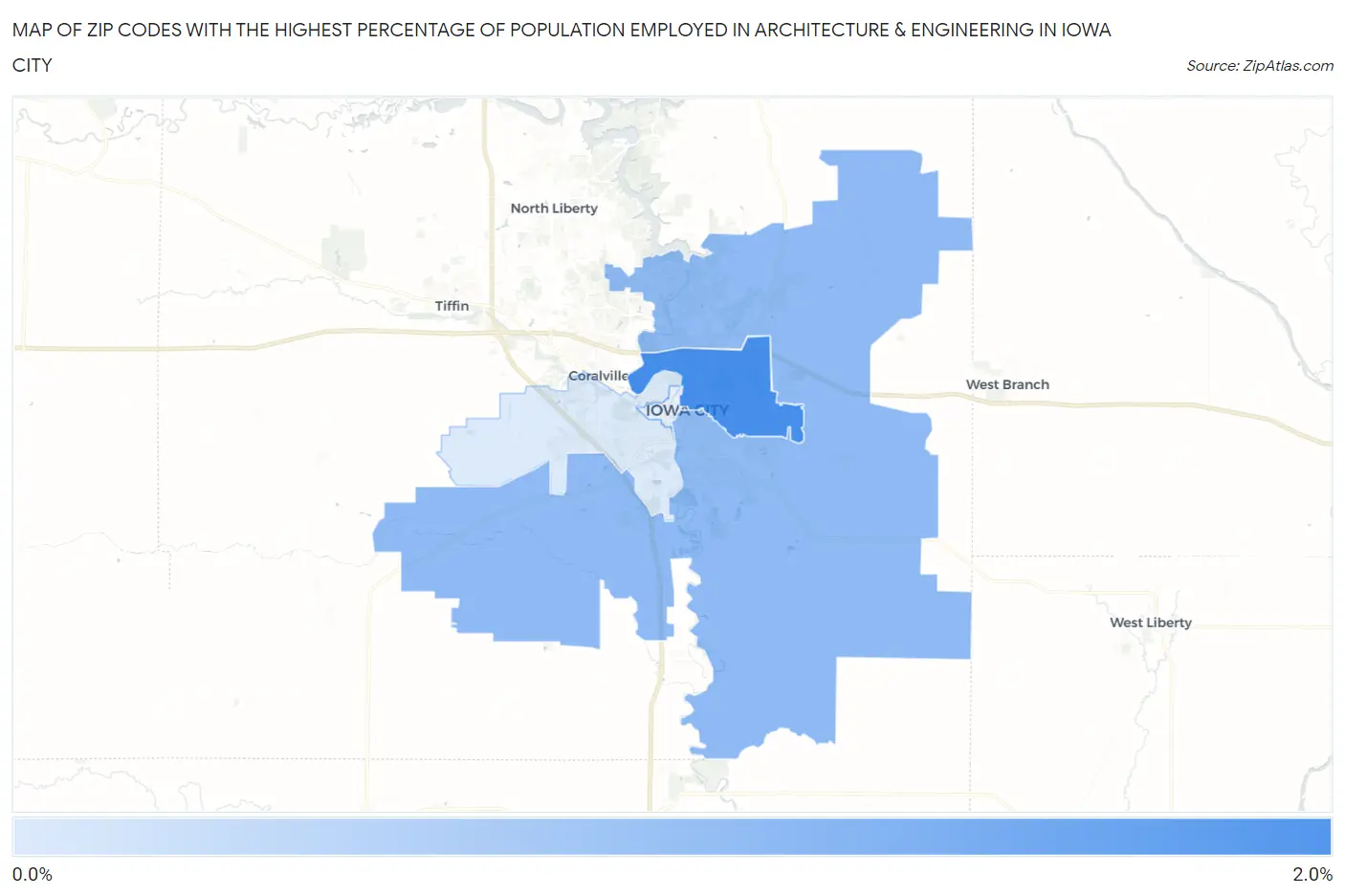 Zip Codes with the Highest Percentage of Population Employed in Architecture & Engineering in Iowa City Map