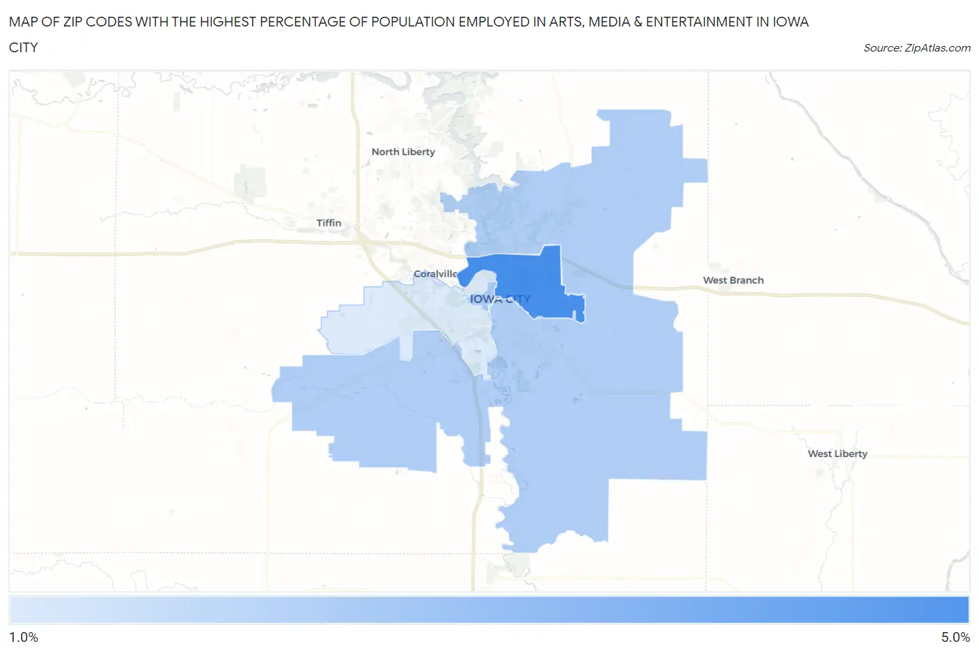 Zip Codes with the Highest Percentage of Population Employed in Arts, Media & Entertainment in Iowa City Map