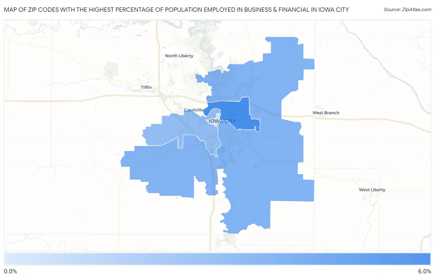 Zip Codes with the Highest Percentage of Population Employed in Business & Financial in Iowa City Map